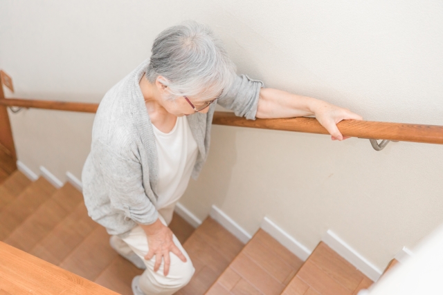 膝が痛そうに階段を上る高齢女性